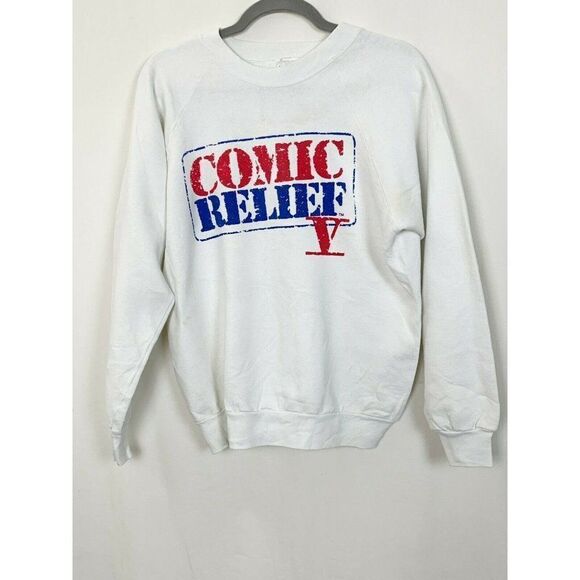 Vintage 90s Comic Relief 5 Sweatshirt Large White 1992 Robin Williams Jim Carrey - Picture 1 of 8